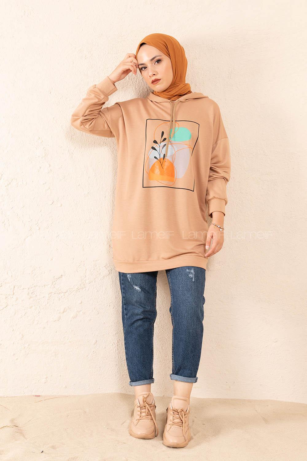 Modalamelif Önü Baskılı Tunik Sütlü Kahve