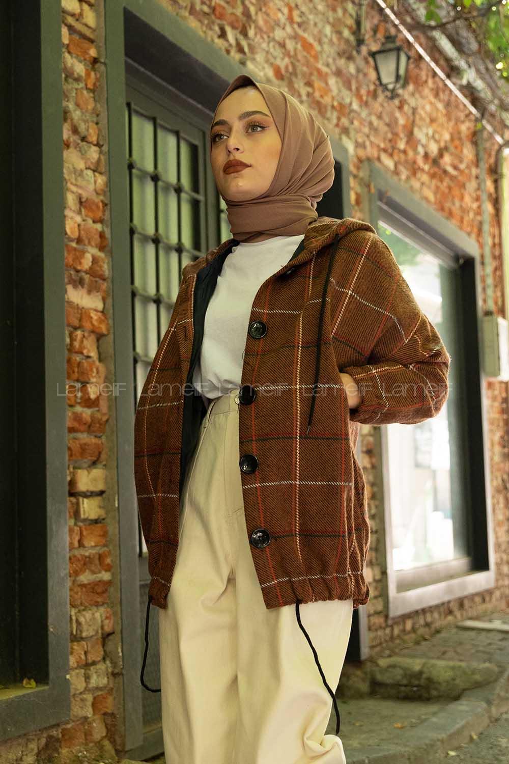 Modalamelif Kol Lastikli Ekose Desen Ceket Kiremit