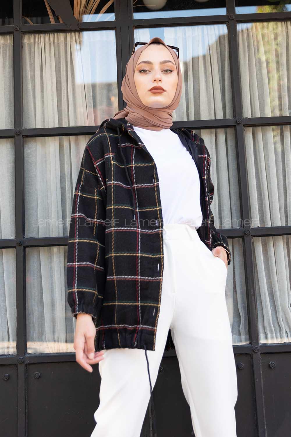 Modalamelif Kol Lastikli Ekose Desen Ceket Siyah