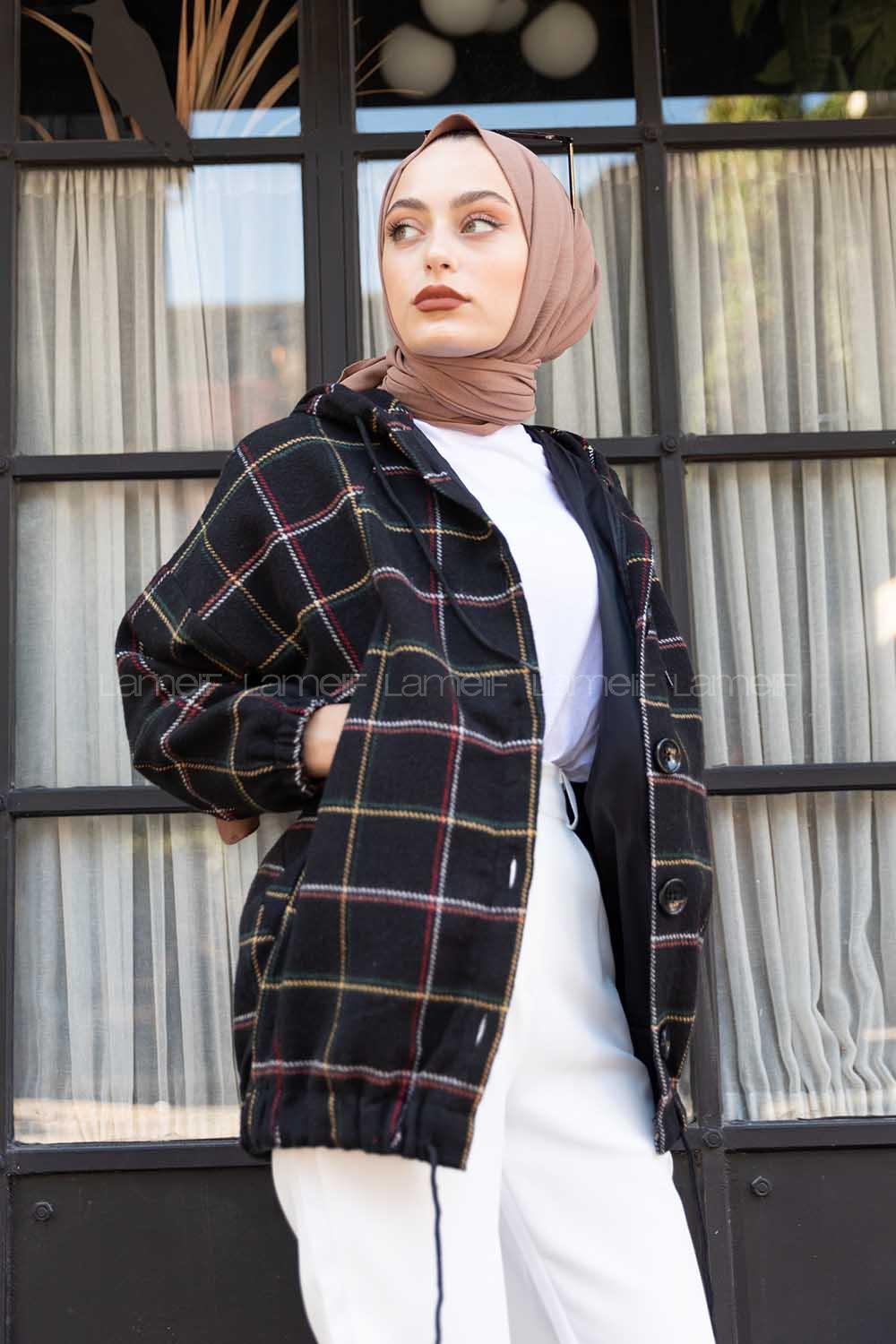 Modalamelif Kol Lastikli Ekose Desen Ceket Siyah