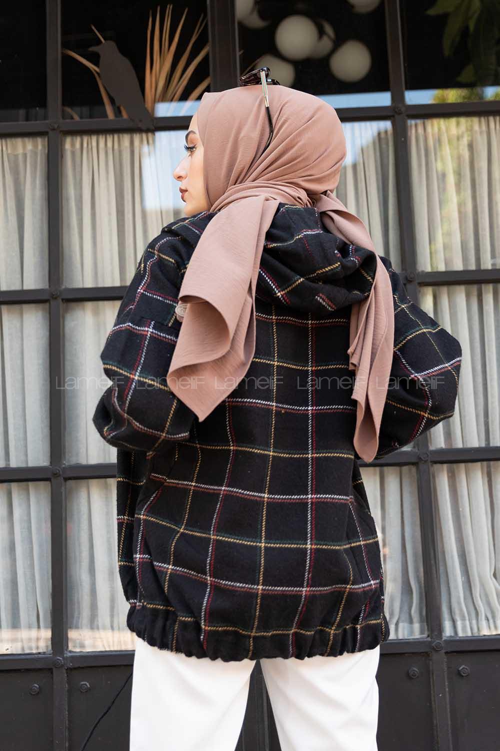 Modalamelif Kol Lastikli Ekose Desen Ceket Siyah