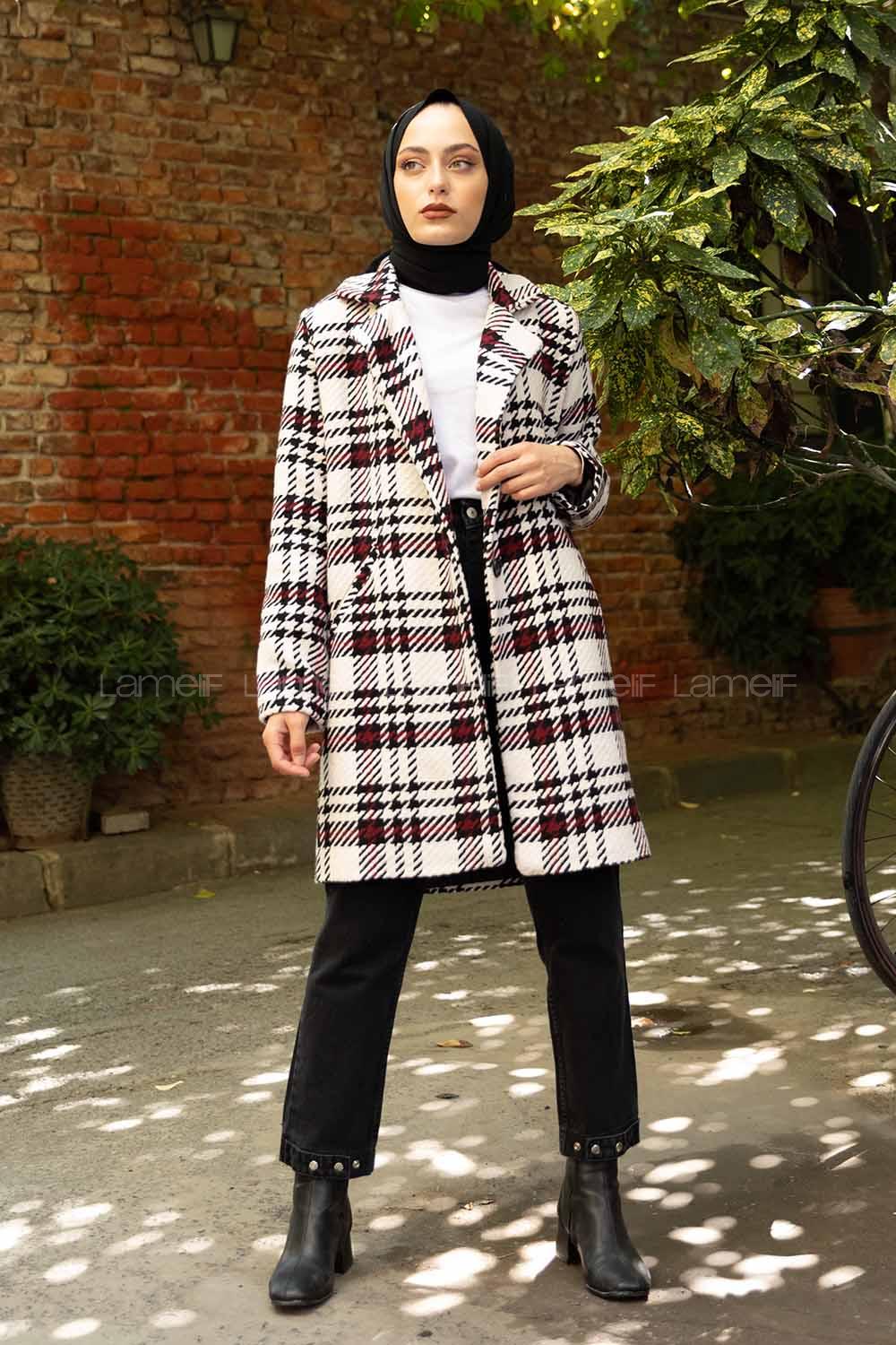 Modalamelif Tek Düğmeli Çizgili Ekose Kaban Ekru