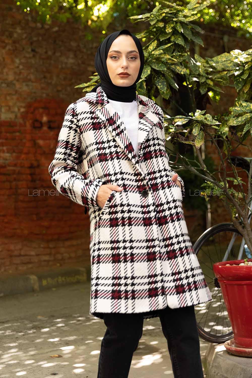 Modalamelif Tek Düğmeli Çizgili Ekose Kaban Ekru