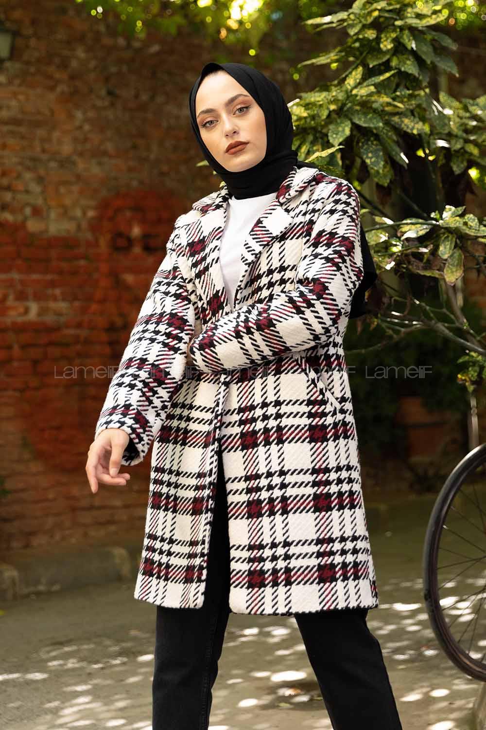 Modalamelif Tek Düğmeli Çizgili Ekose Kaban Ekru