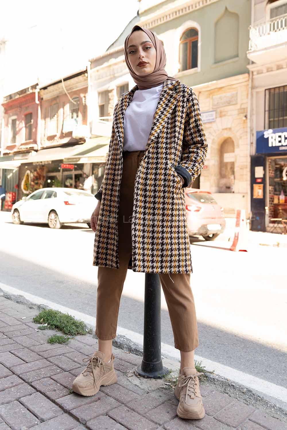 Modalamelif Tek Düğmeli Kazayağı Desen Kaban Hardal