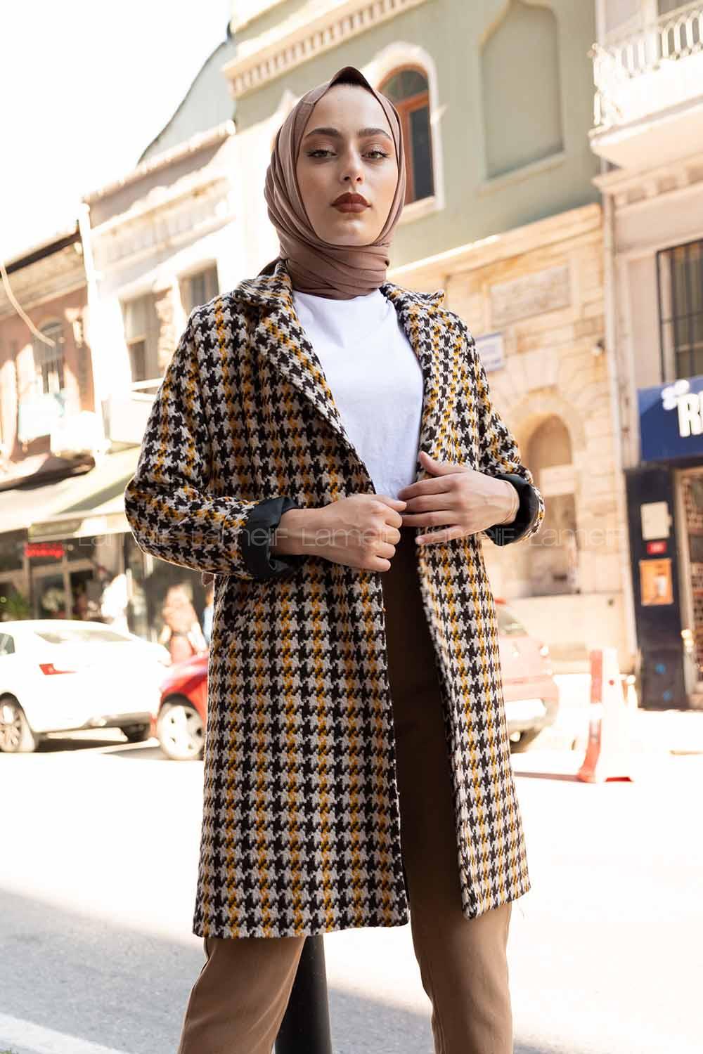 Modalamelif Tek Düğmeli Kazayağı Desen Kaban Hardal