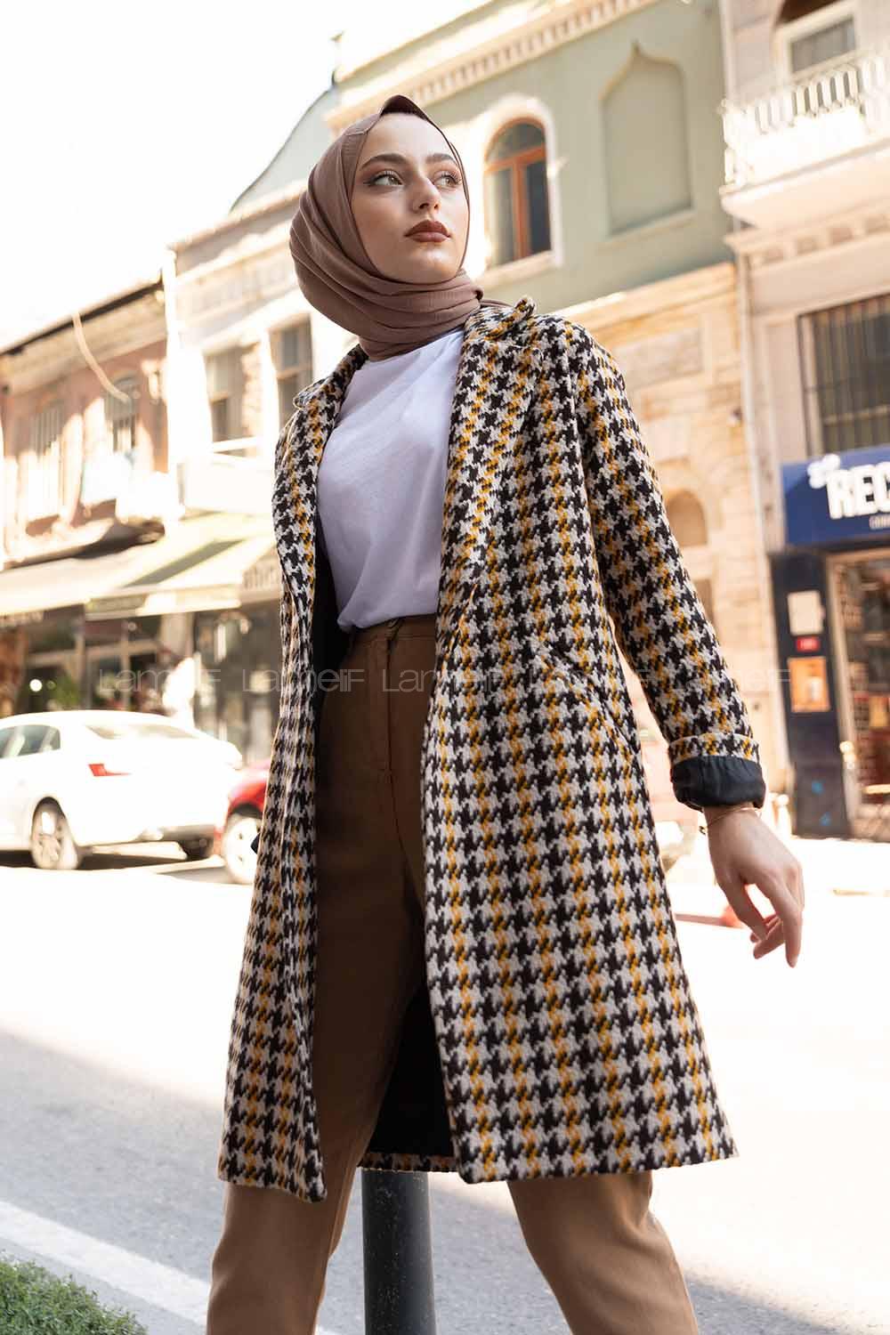 Modalamelif Tek Düğmeli Kazayağı Desen Kaban Hardal