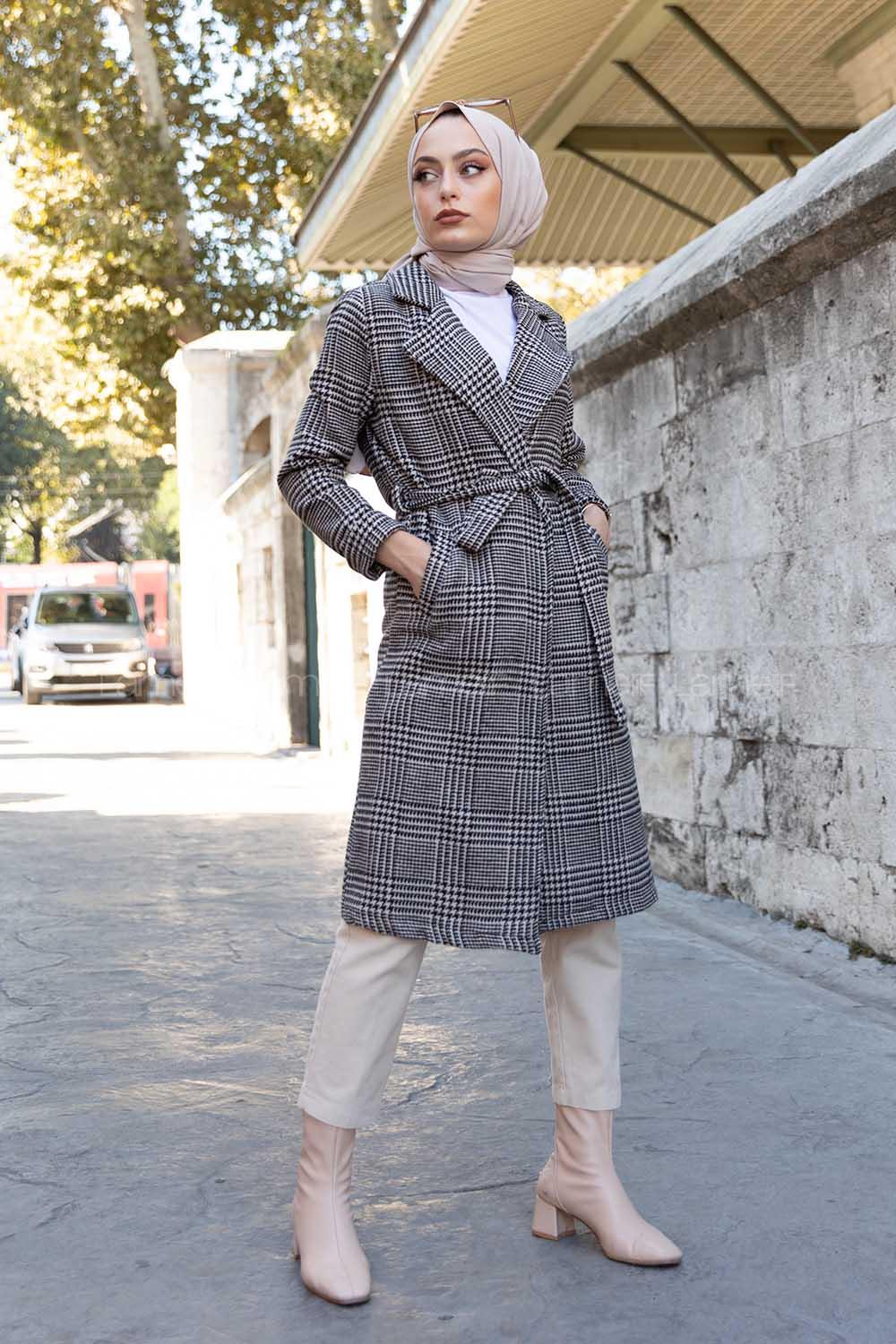 Modalamelif Belden Bağlamalı Ekose Kaban Gri