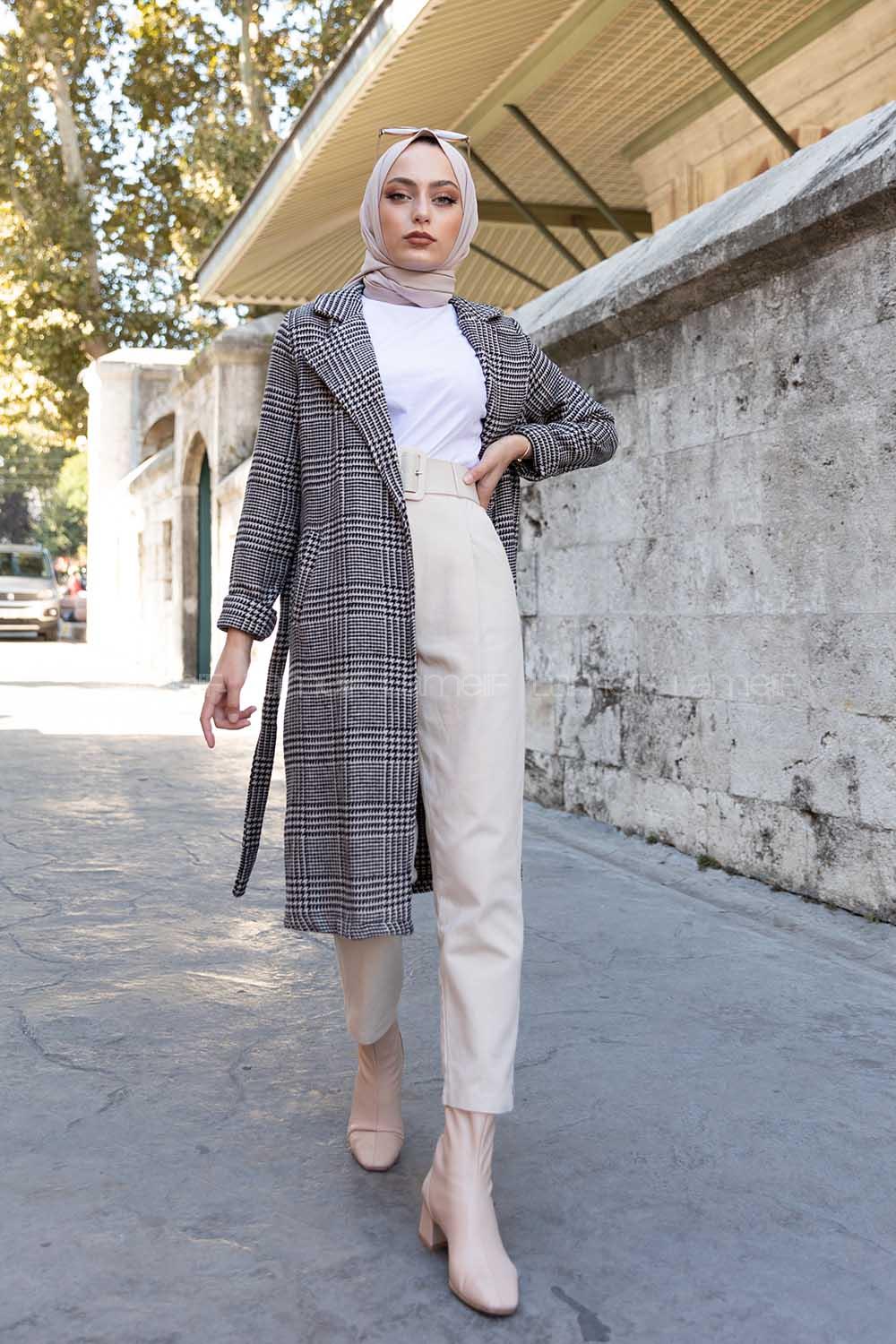 Modalamelif Belden Bağlamalı Ekose Kaban Gri