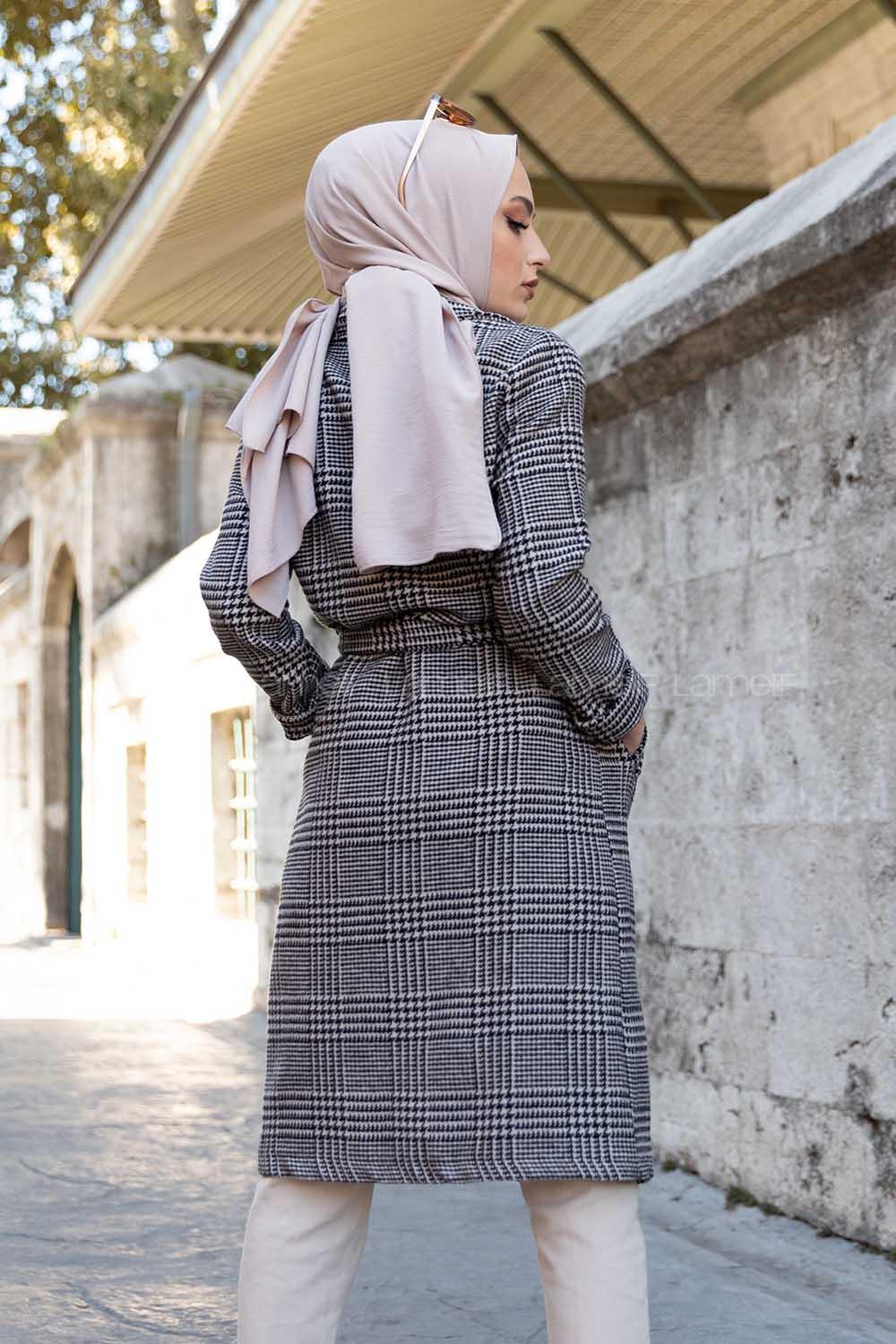 Modalamelif Belden Bağlamalı Ekose Kaban Gri