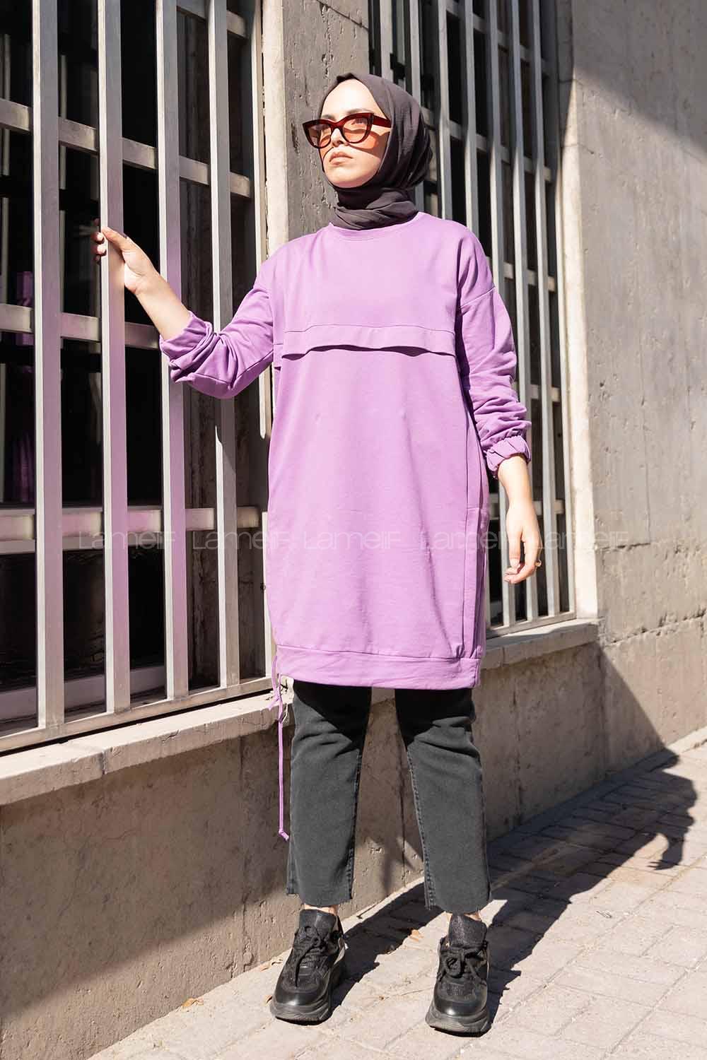 Modalamelif Eteği Bağlamalı Salaş Tunik Lila