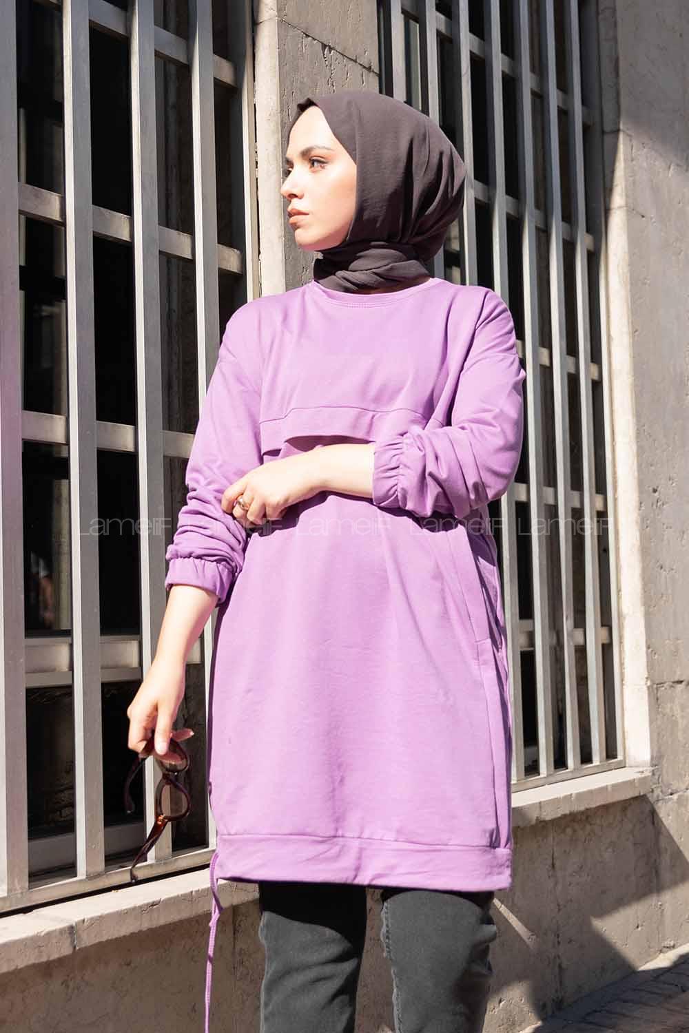 Modalamelif Eteği Bağlamalı Salaş Tunik Lila