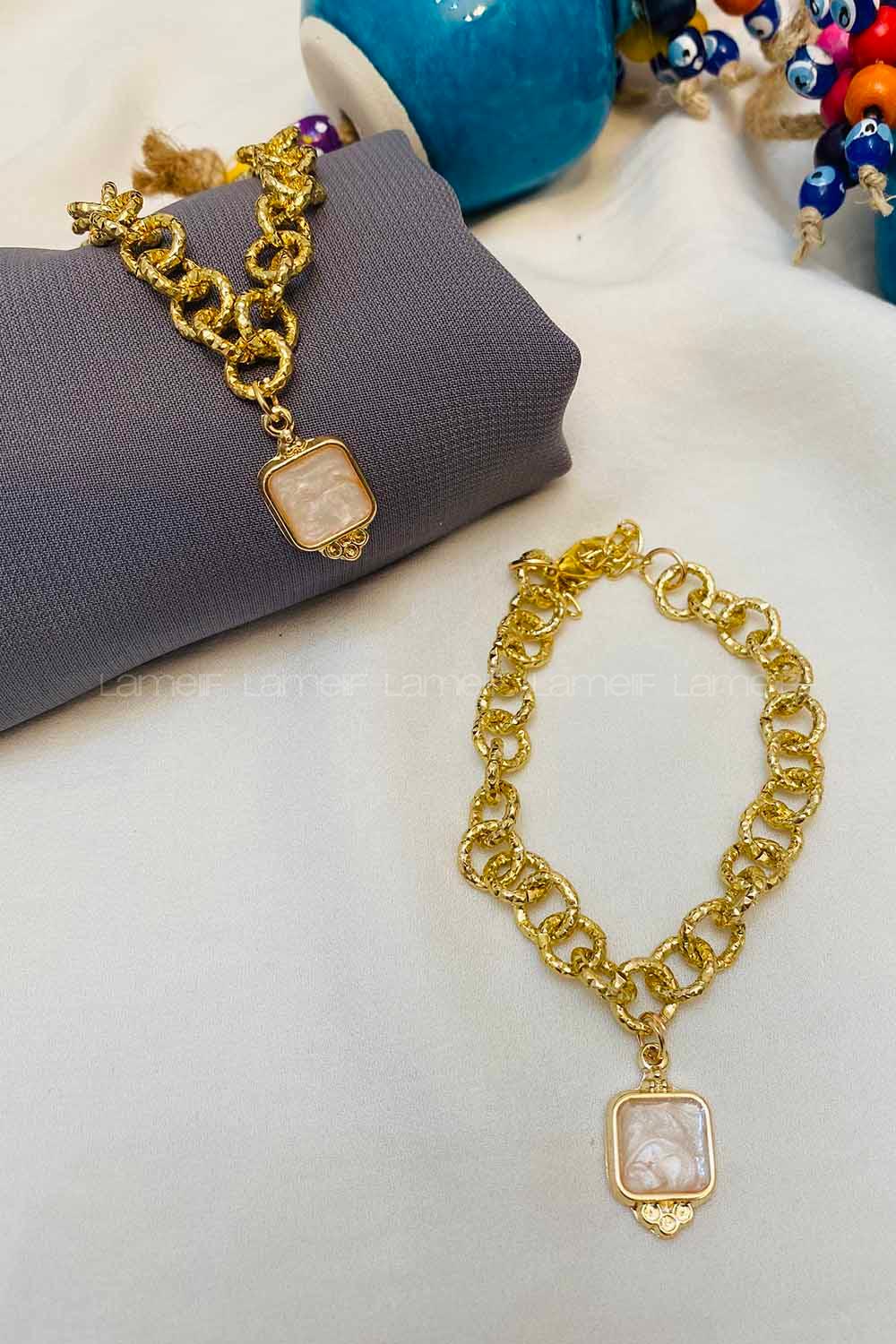 Modalamelif Gold Zincir Beyaz Detay Bileklik