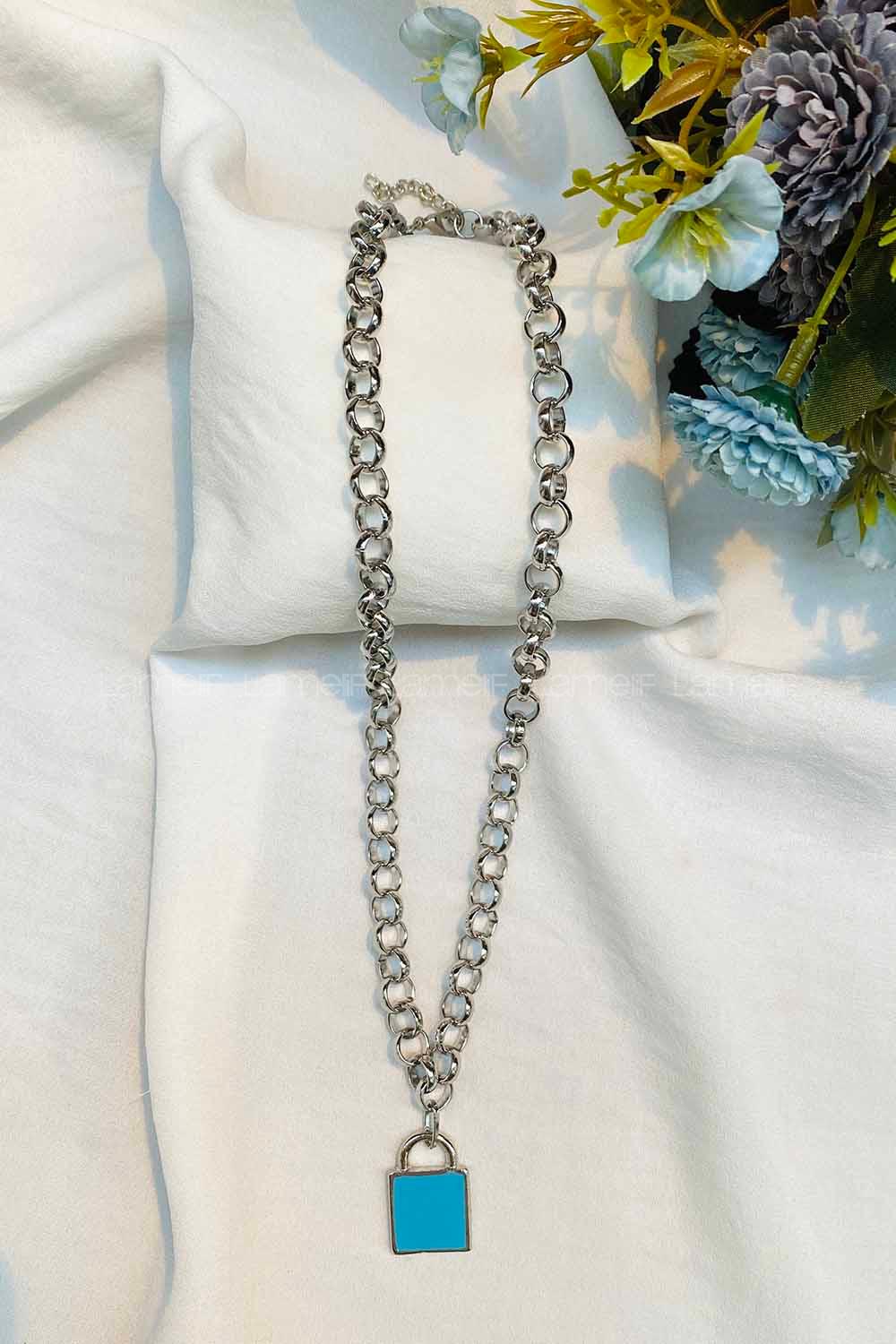 Modalamelif Gümüş Zincir Mavi Kilit Kolye