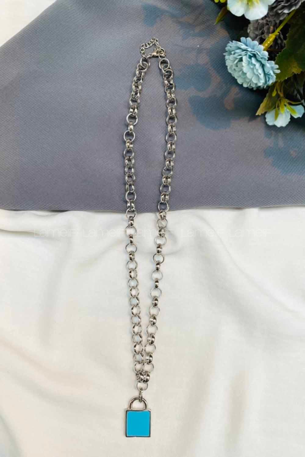 Modalamelif Gümüş Zincir Mavi Kilit Kolye