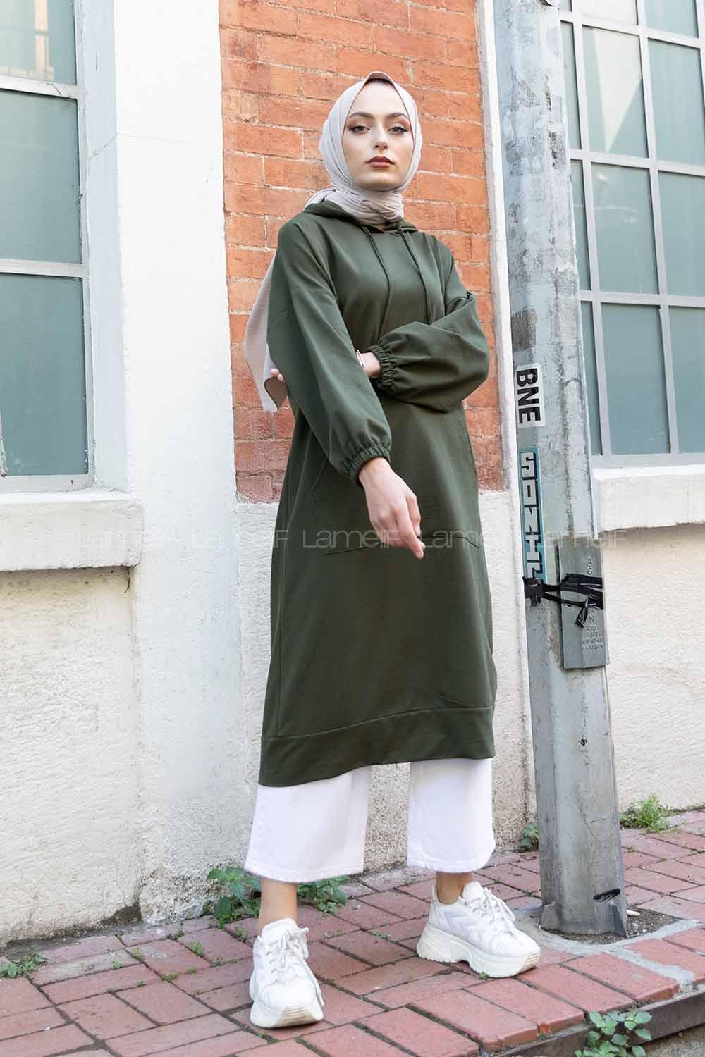 Modalamelif İki Cepli Kol Lastikli Sweatshirt  Haki