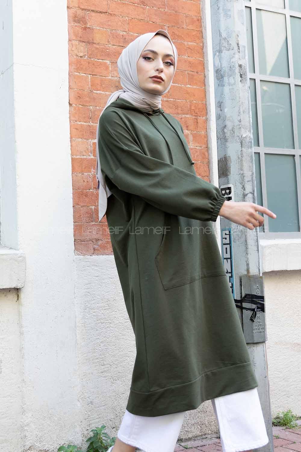 Modalamelif İki Cepli Kol Lastikli Sweatshirt  Haki