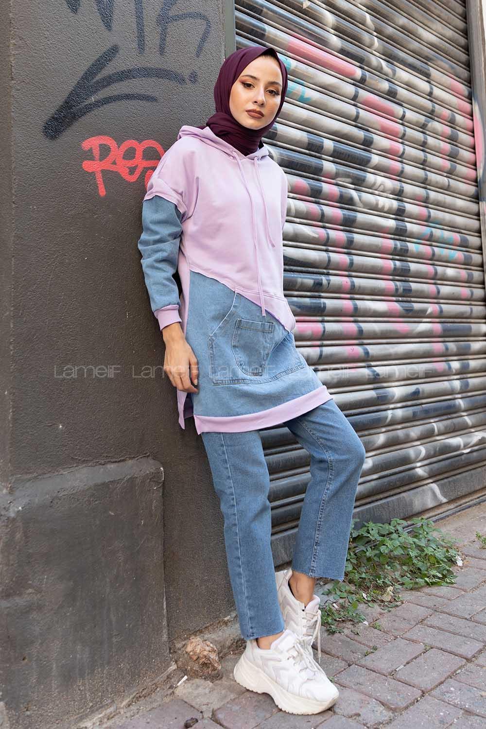 Modalamelif Kanguru Cepli Kot Garnili Tunik Lila