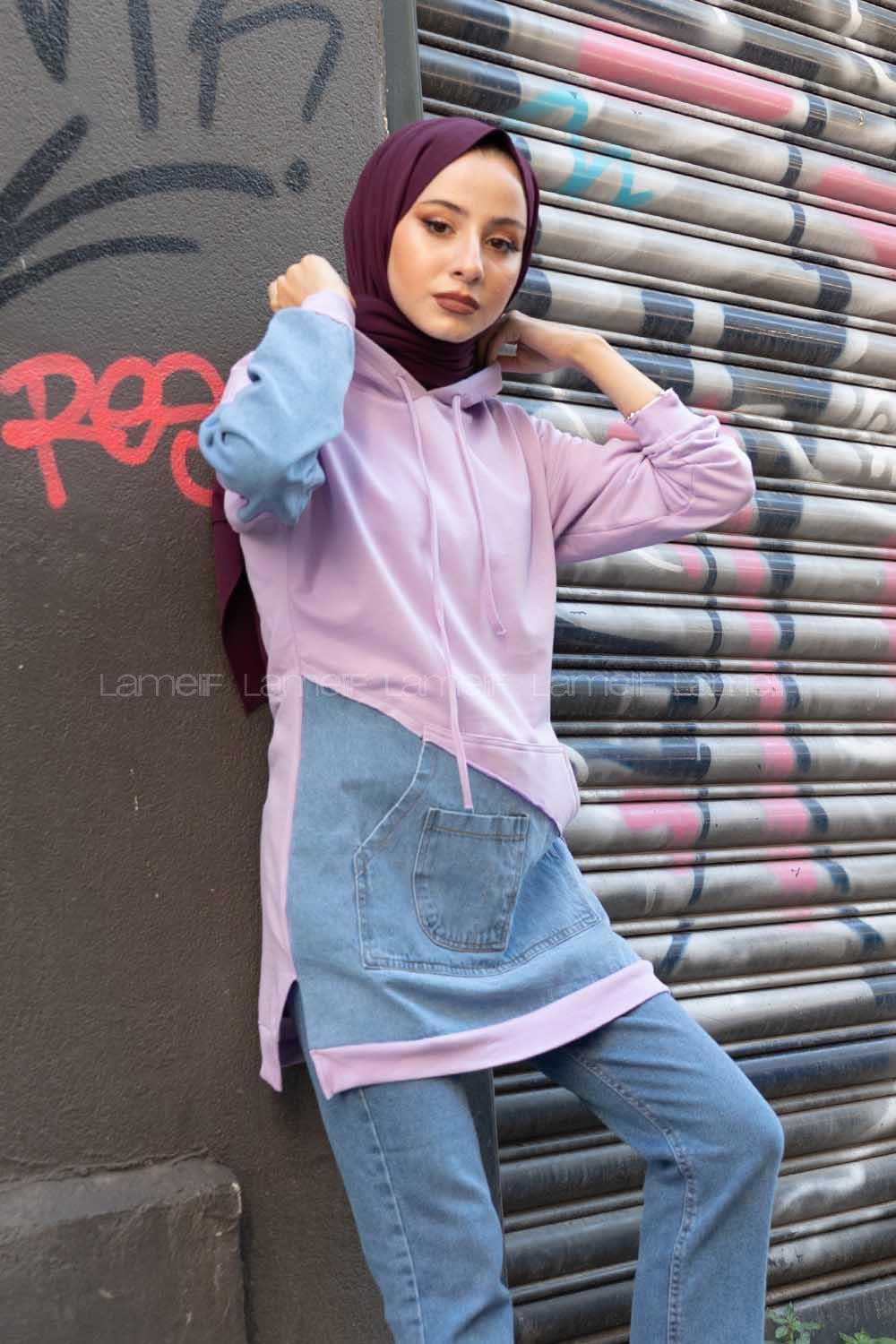 Modalamelif Kanguru Cepli Kot Garnili Tunik Lila