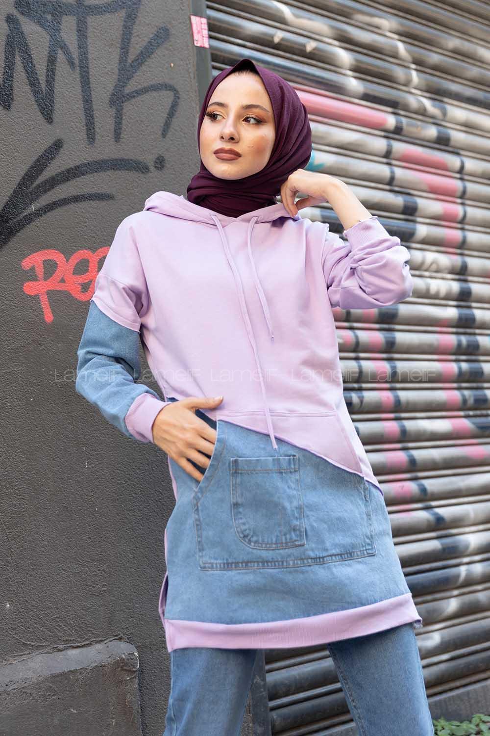 Modalamelif Kanguru Cepli Kot Garnili Tunik Lila