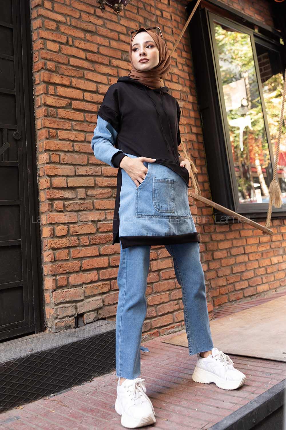 Modalamelif Kanguru Cepli Kot Garnili Tunik Siyah