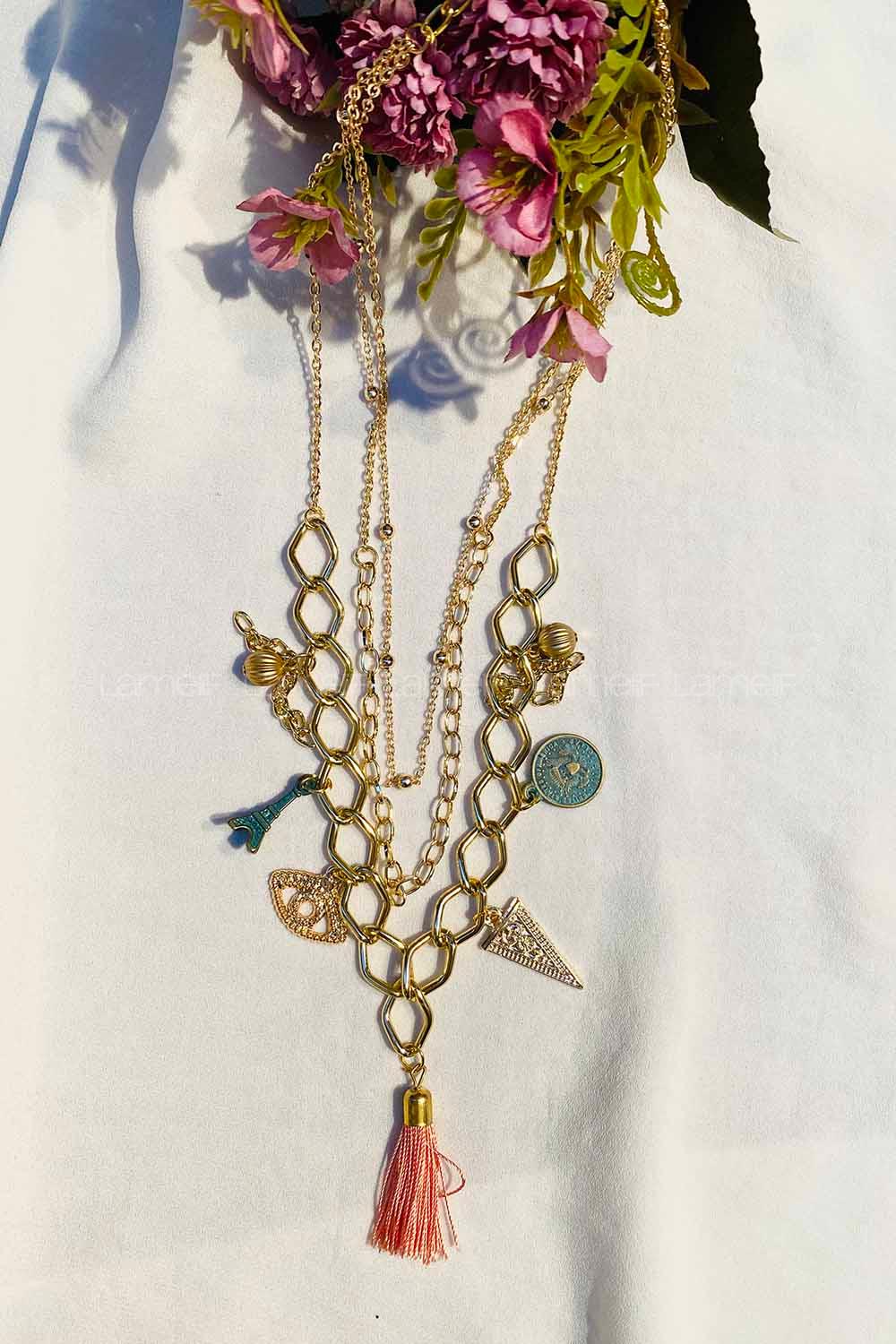 Modalamelif Püskül Detaylı Üçlü Zincir Kolye