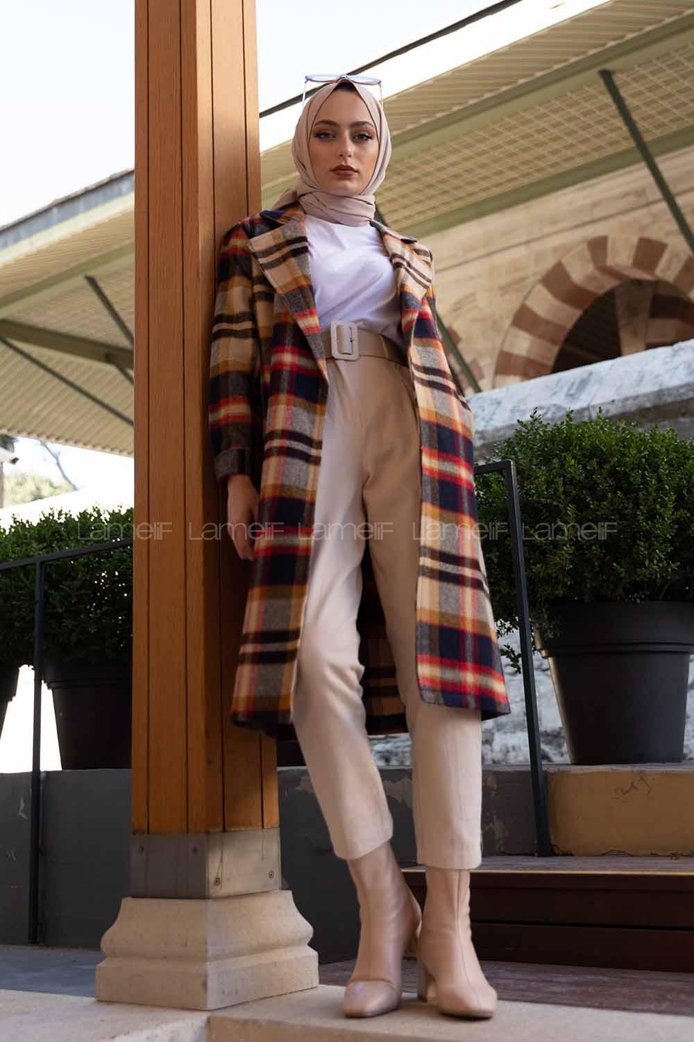 Modalamelif Belden Bağlamalı Ekose Kaban Hardal Sarısı