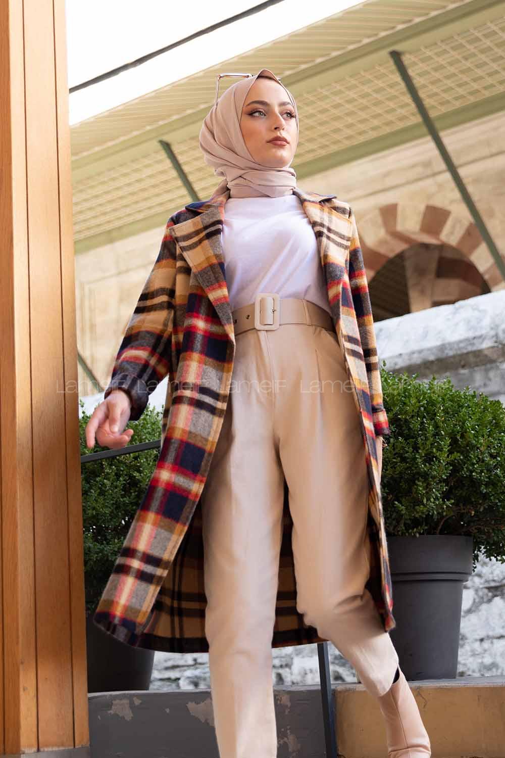 Modalamelif Belden Bağlamalı Ekose Kaban Hardal Sarısı