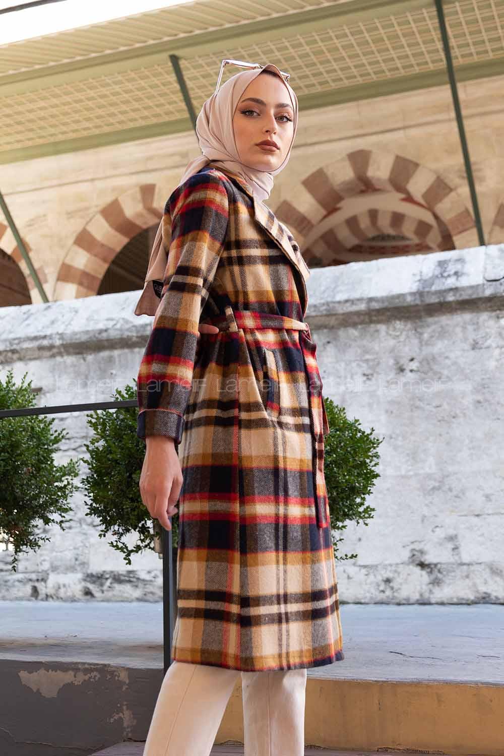 Modalamelif Belden Bağlamalı Ekose Kaban Hardal Sarısı