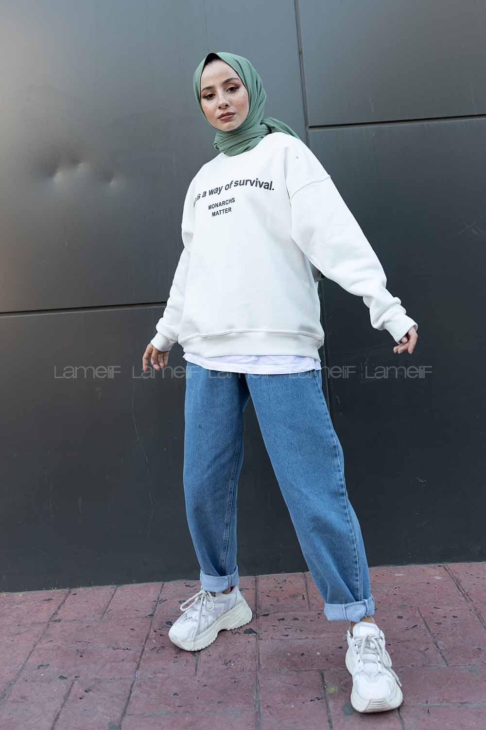 Modalamelif Bisiklet Yaka Monarchs Baskılı Sweatshirt Beyaz