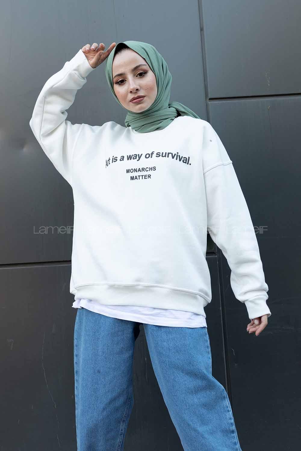 Modalamelif Bisiklet Yaka Monarchs Baskılı Sweatshirt Beyaz