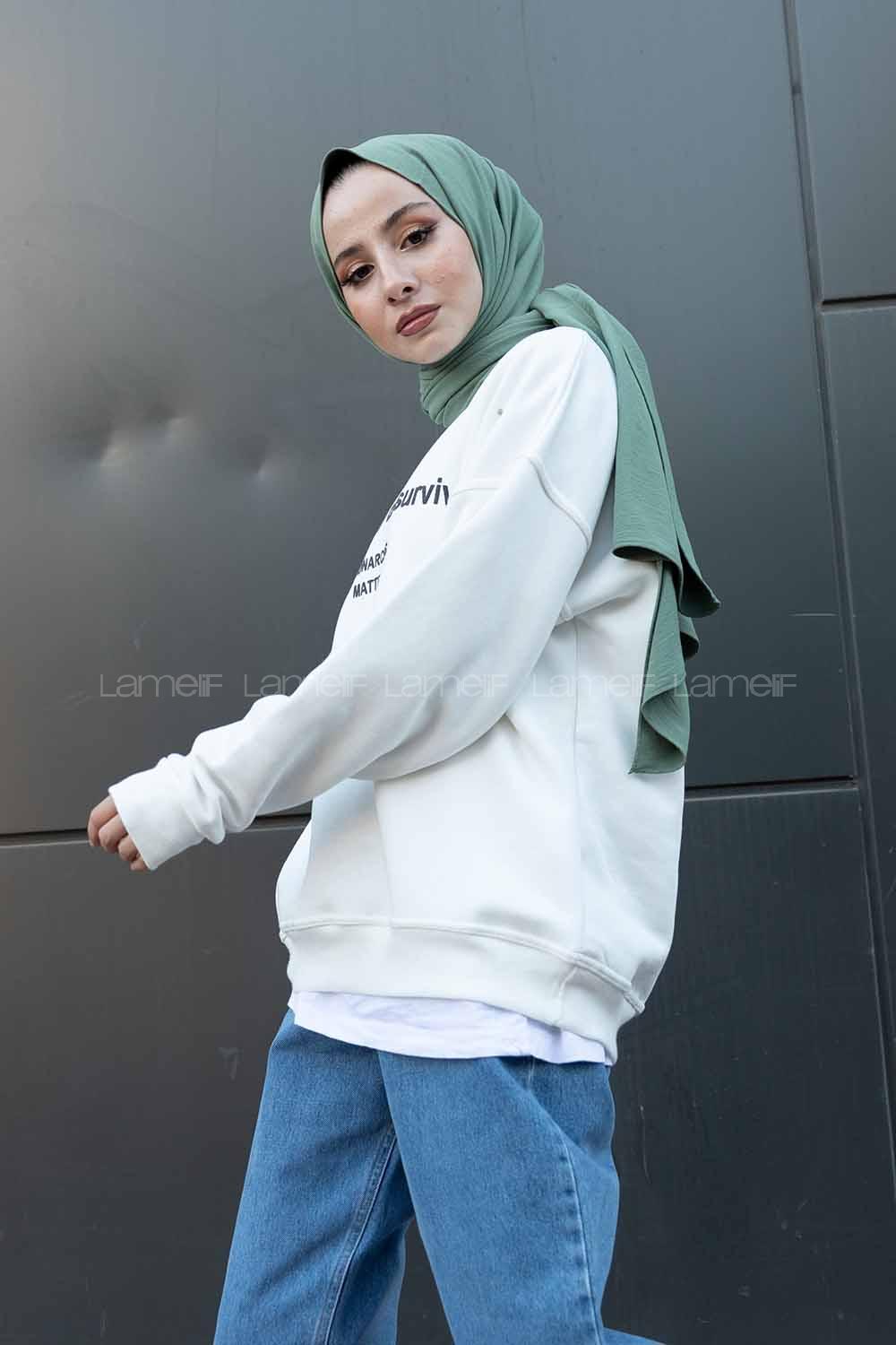 Modalamelif Bisiklet Yaka Monarchs Baskılı Sweatshirt Beyaz