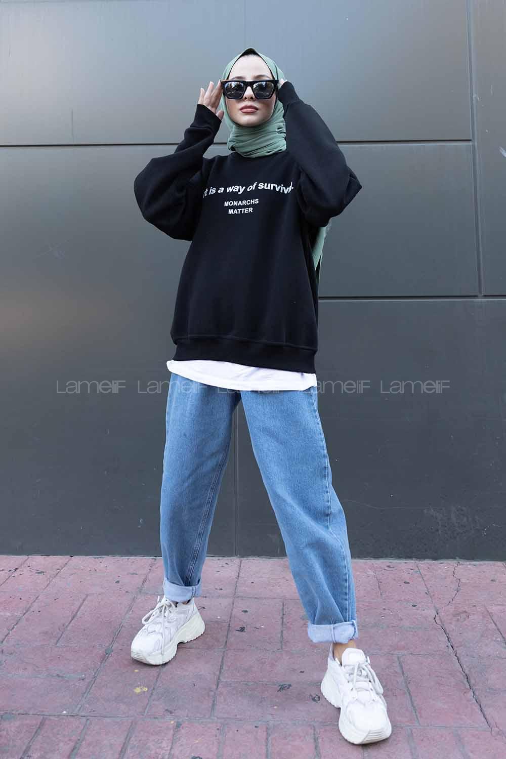 Modalamelif Bisiklet Yaka Monarchs Baskılı Sweatshirt Siyah