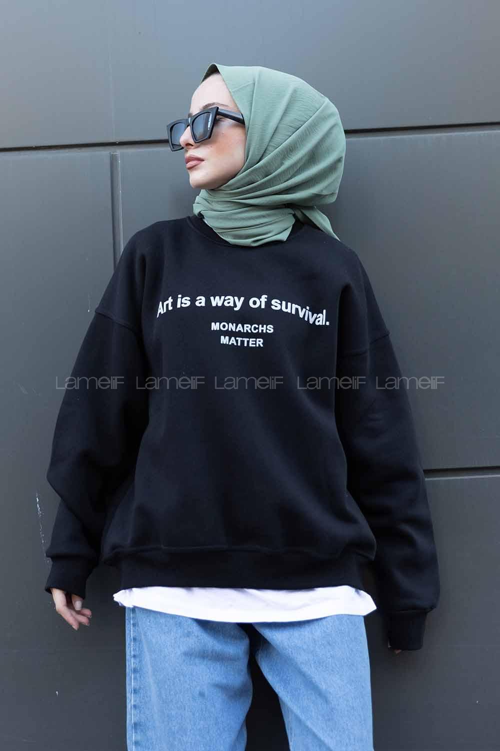 Modalamelif Bisiklet Yaka Monarchs Baskılı Sweatshirt Siyah