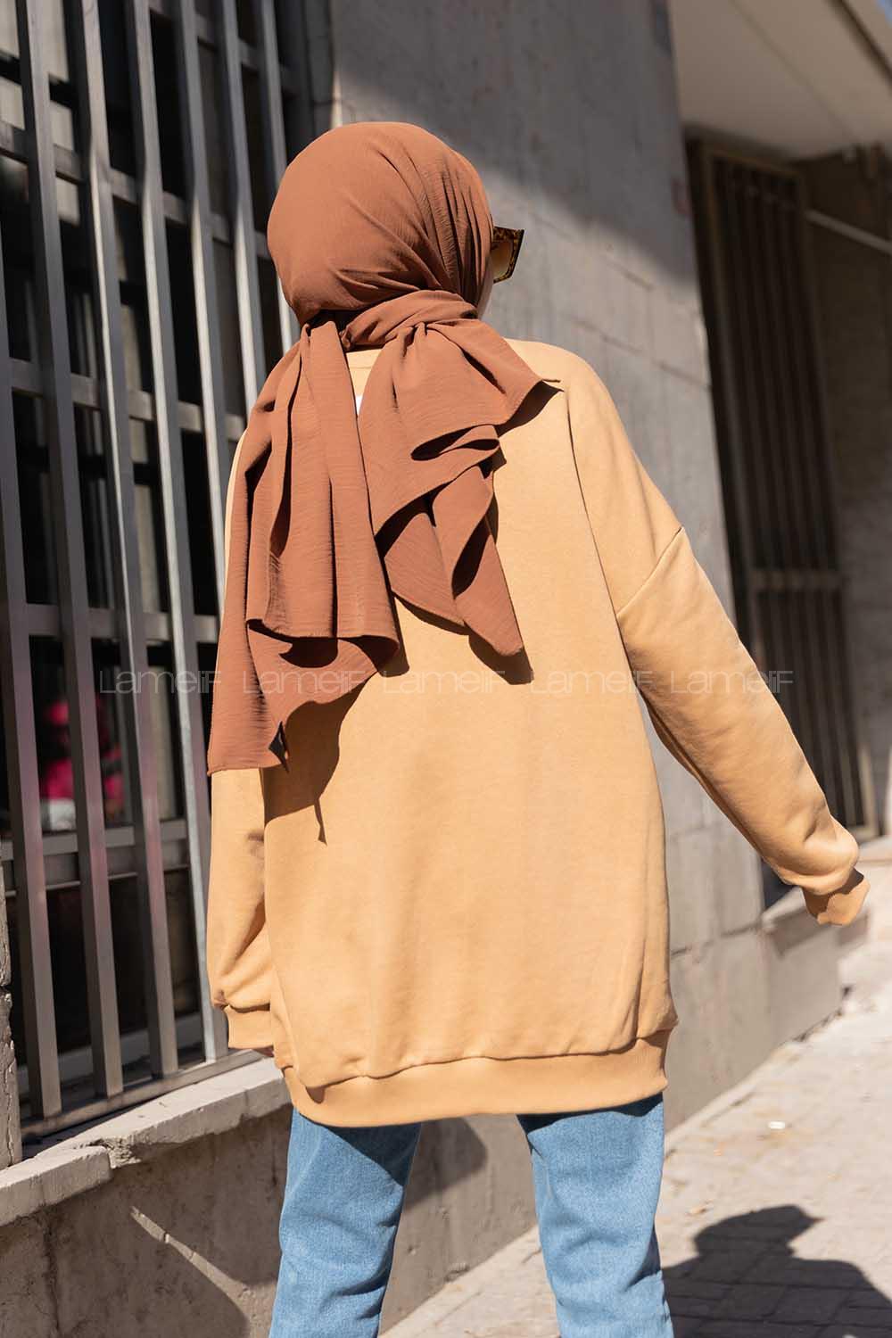 Modalamelif Bisiklet Yaka World Yazı Baskılı Sweatshirt Sütlü Kahve