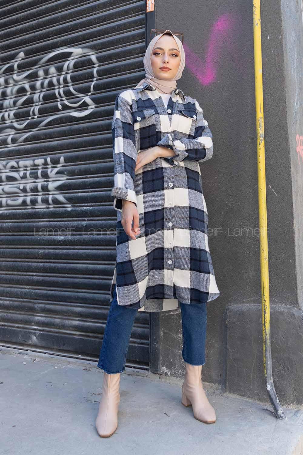 Modalamelif Çift Cepli Ekose Oduncu Uzun Gömlek Lacivert