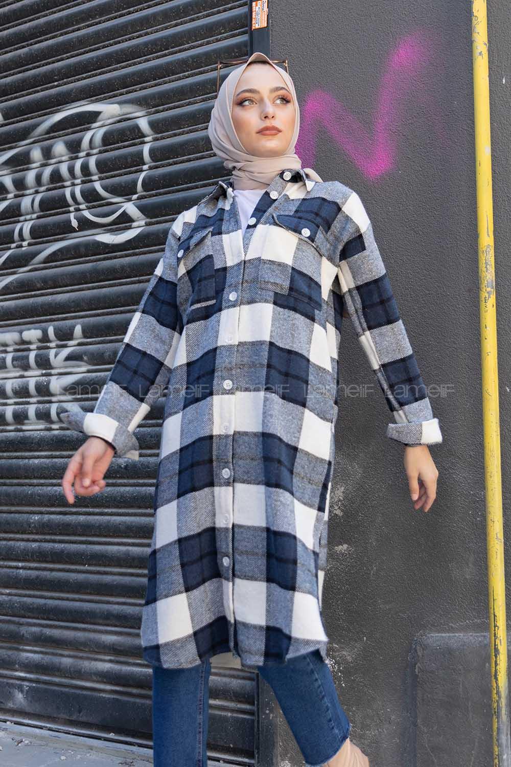 Modalamelif Çift Cepli Ekose Oduncu Uzun Gömlek Lacivert