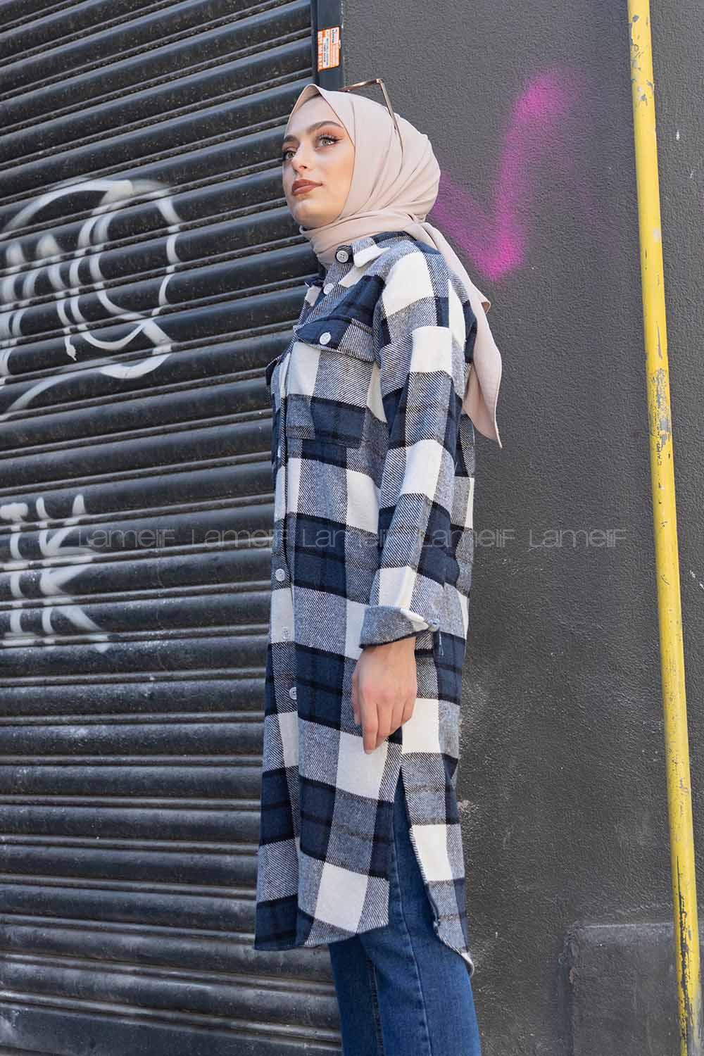 Modalamelif Çift Cepli Ekose Oduncu Uzun Gömlek Lacivert