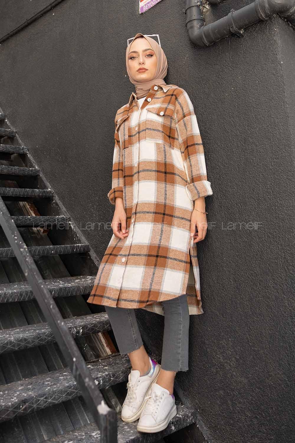 Modalamelif Çift Cepli Ekose Oduncu Uzun Gömlek Taba