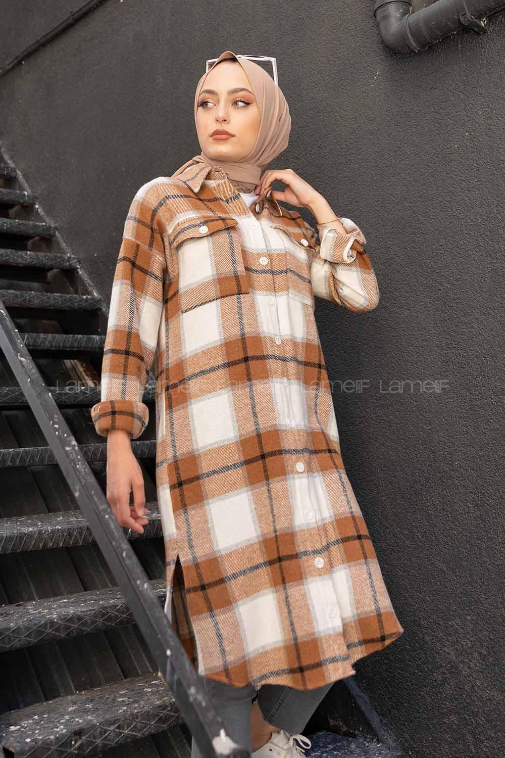 Modalamelif Çift Cepli Ekose Oduncu Uzun Gömlek Taba