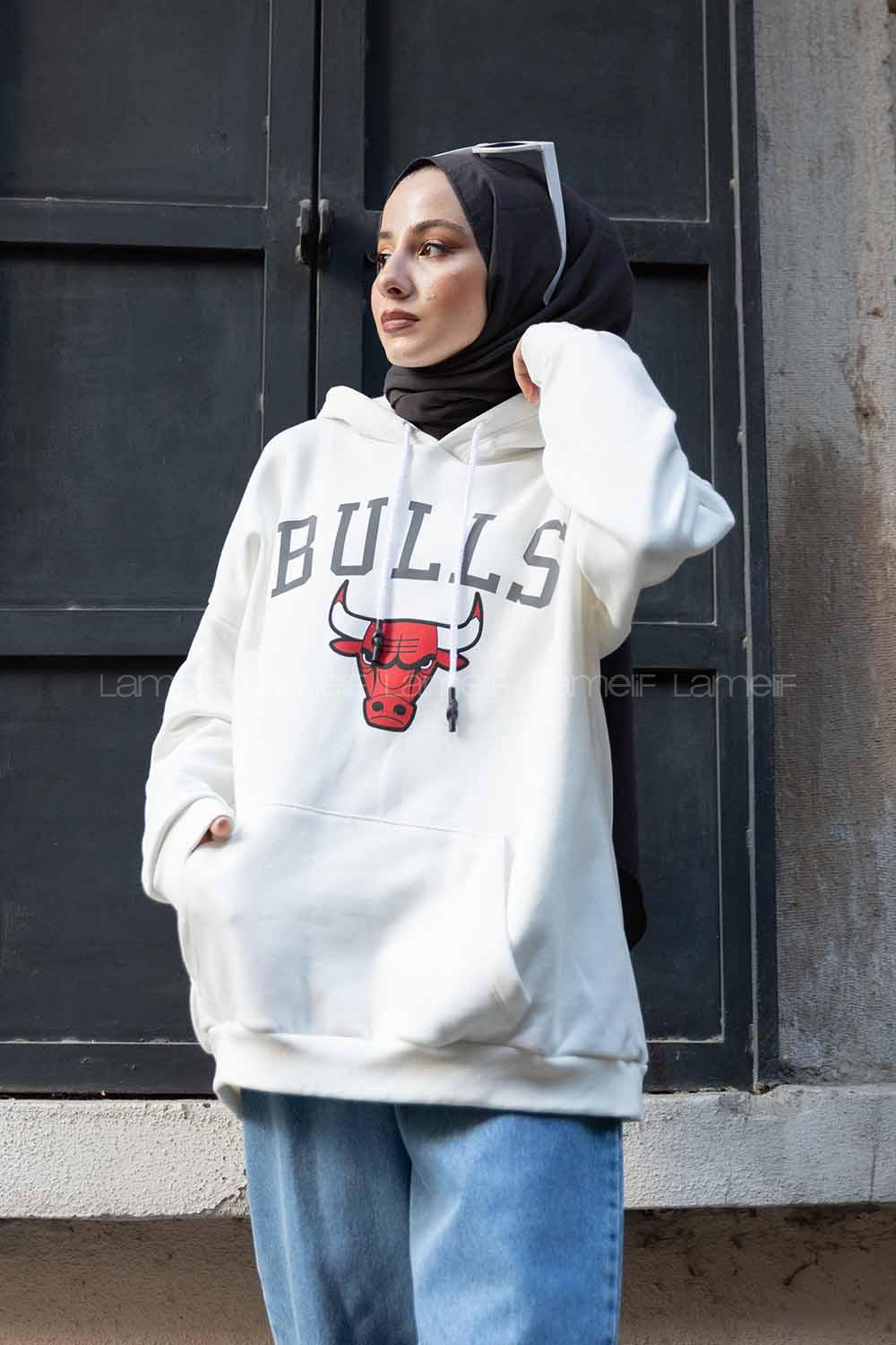 Modalamelif Kapşonlu Bulls Yazılı Sweatshirt Beyaz