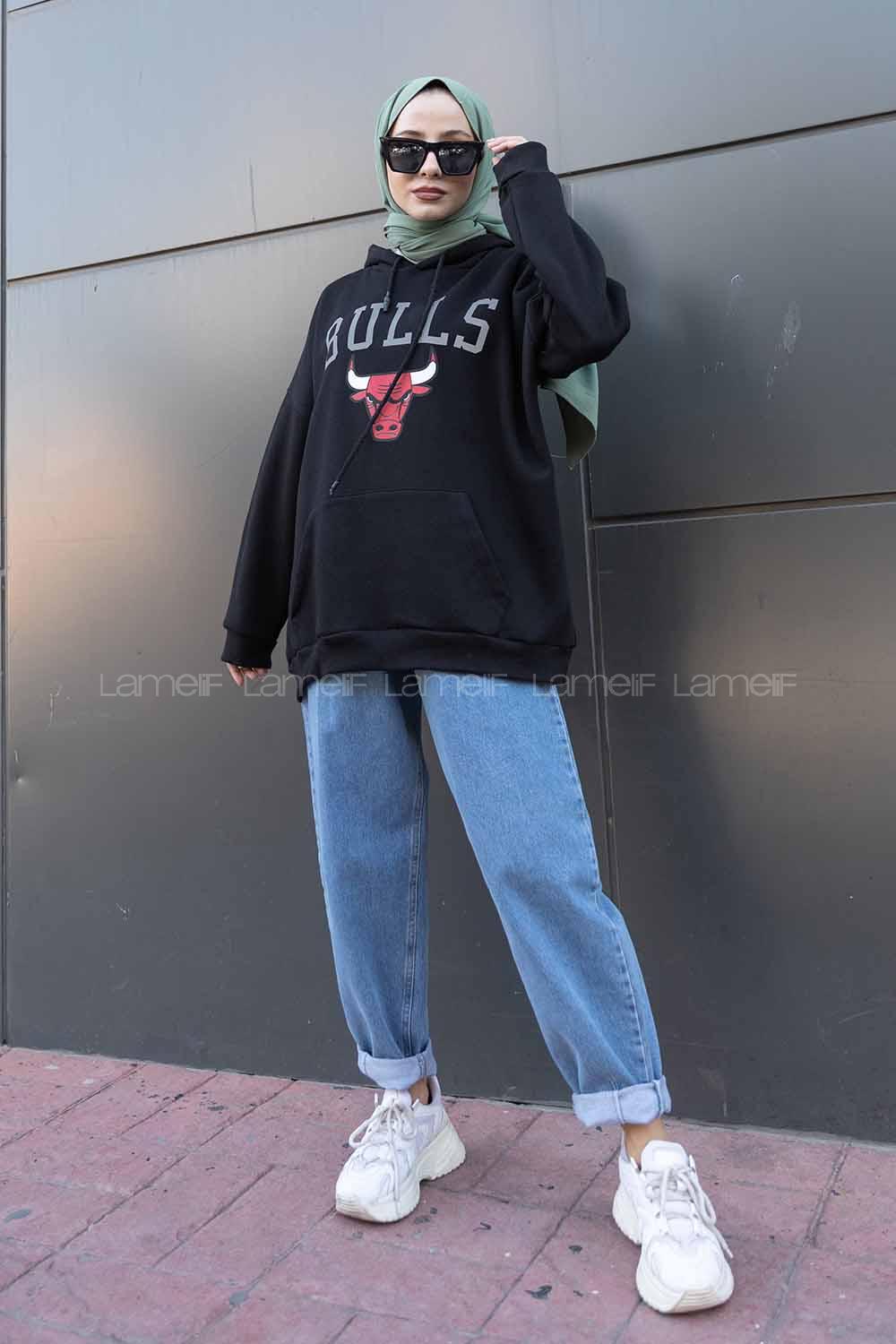 Modalamelif Kapşonlu Bulls Yazılı Sweatshirt Siyah