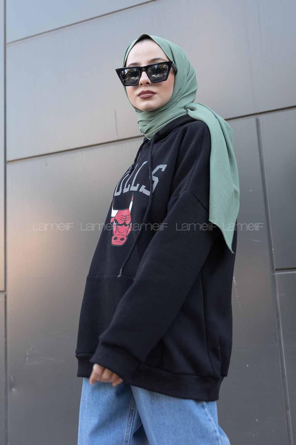 Modalamelif Kapşonlu Bulls Yazılı Sweatshirt Siyah