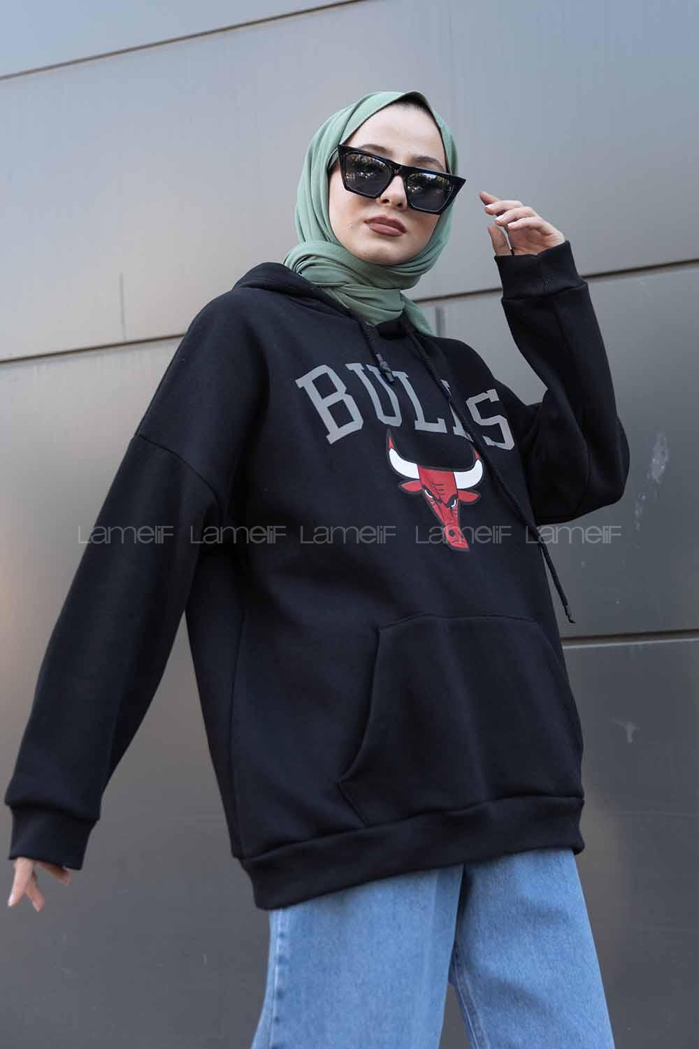 Modalamelif Kapşonlu Bulls Yazılı Sweatshirt Siyah