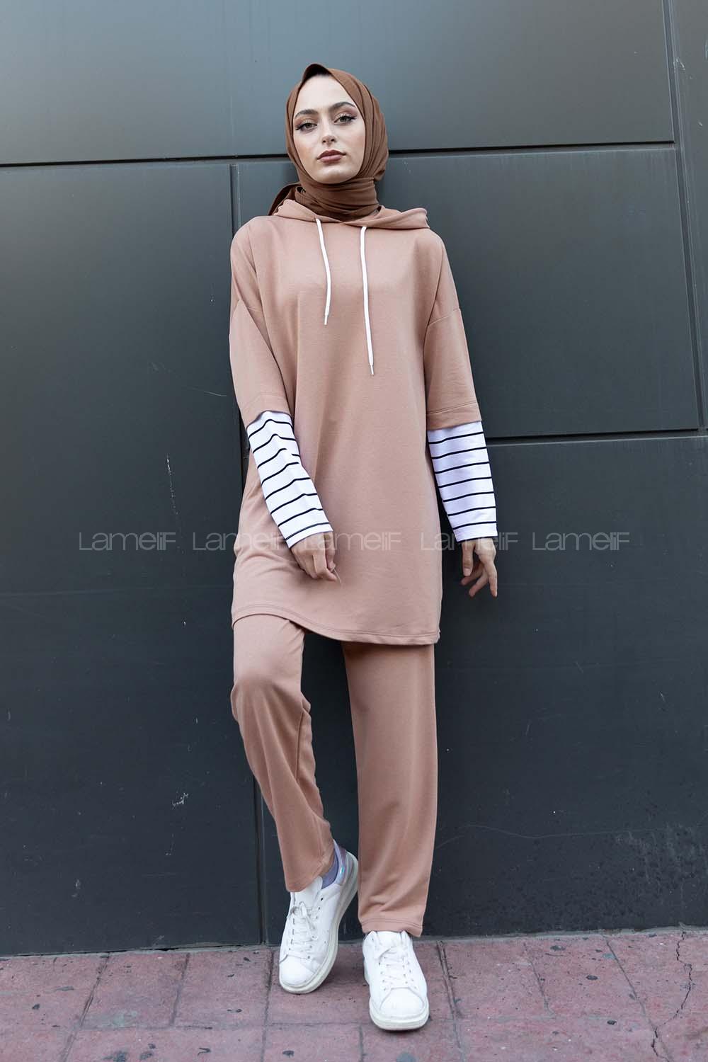 Modalamelif Kol Çizgili İkili Takım Sütlü Kahve