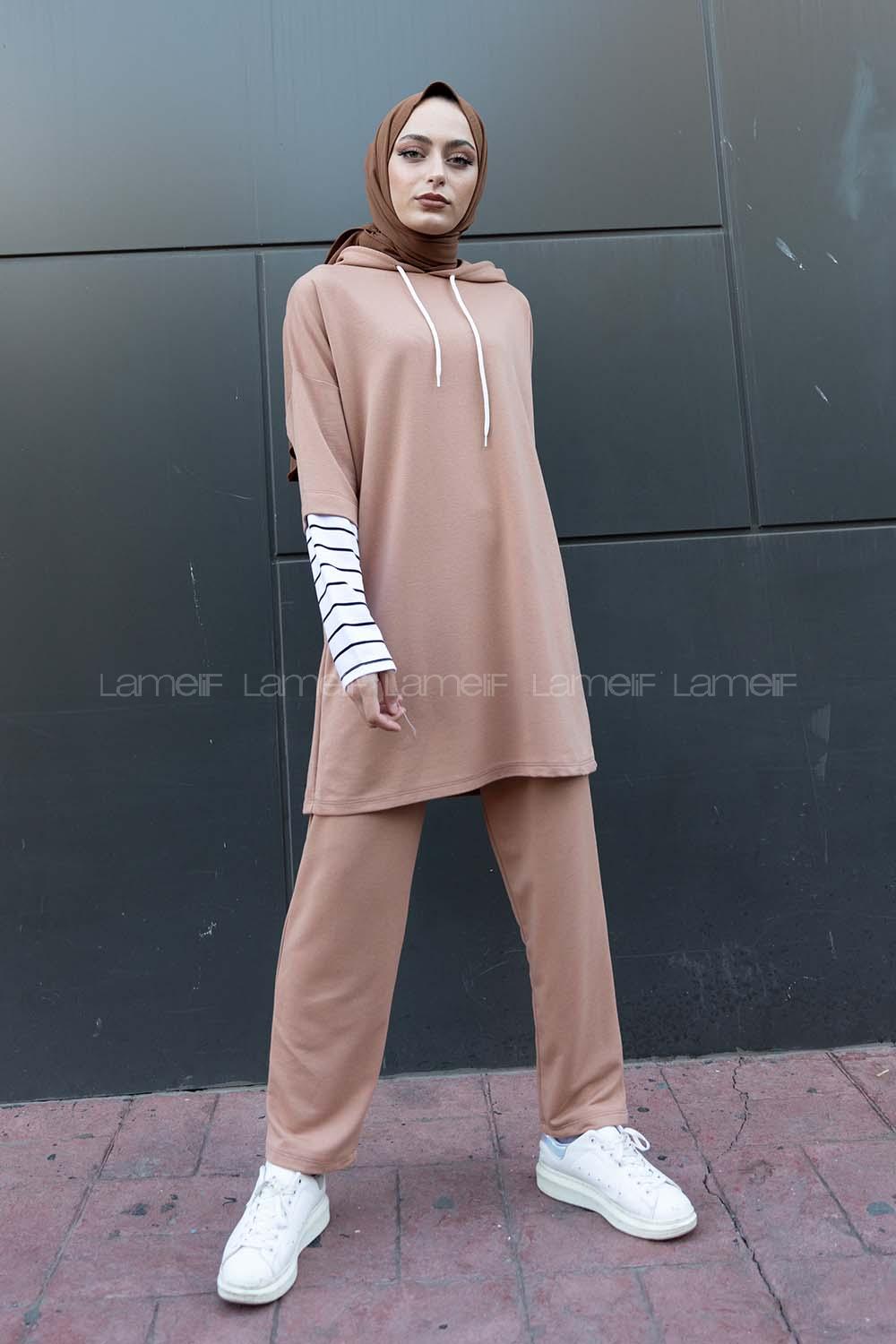 Modalamelif Kol Çizgili İkili Takım Sütlü Kahve