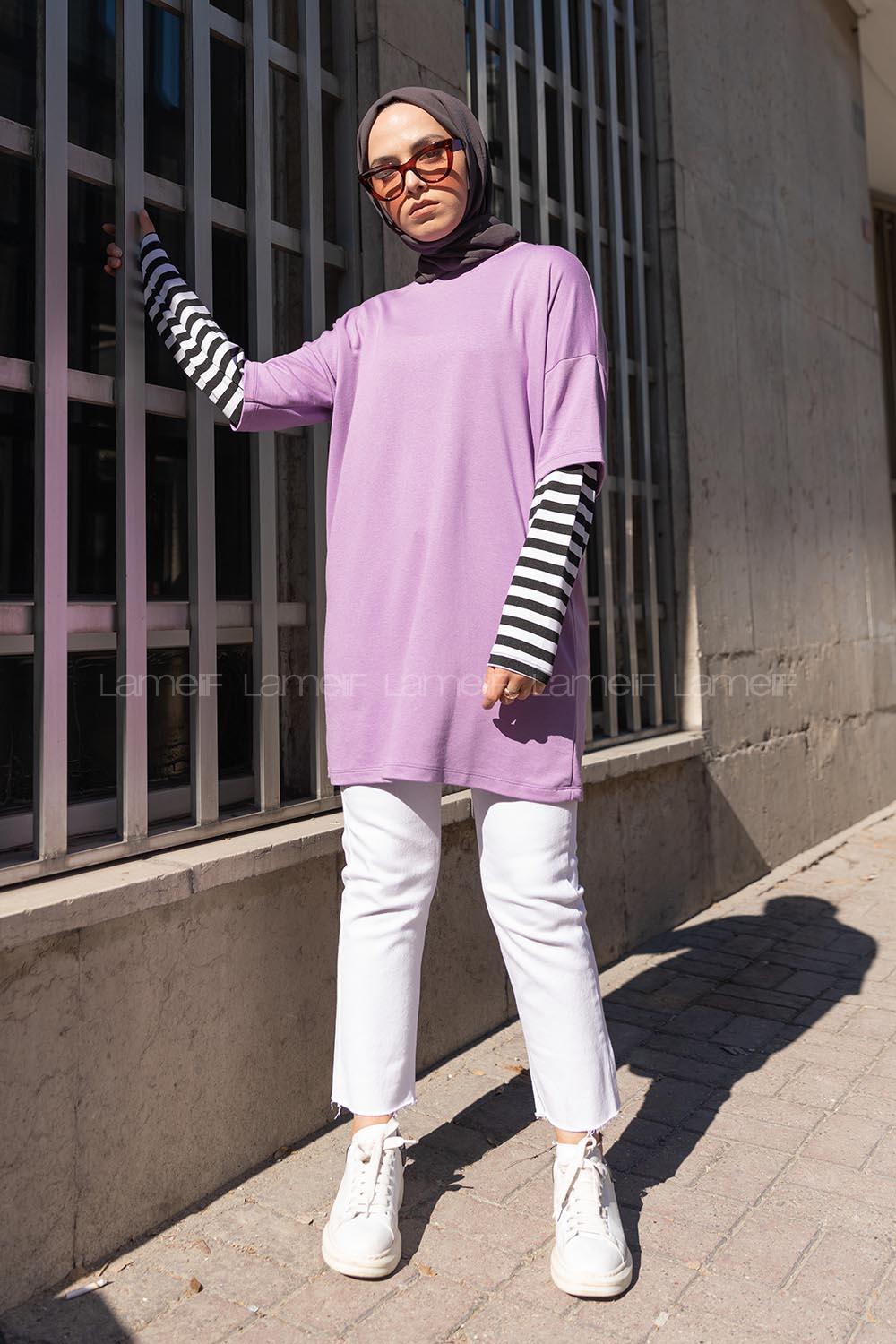 Modalamelif Kol Çizgili Sweatshirt Lila