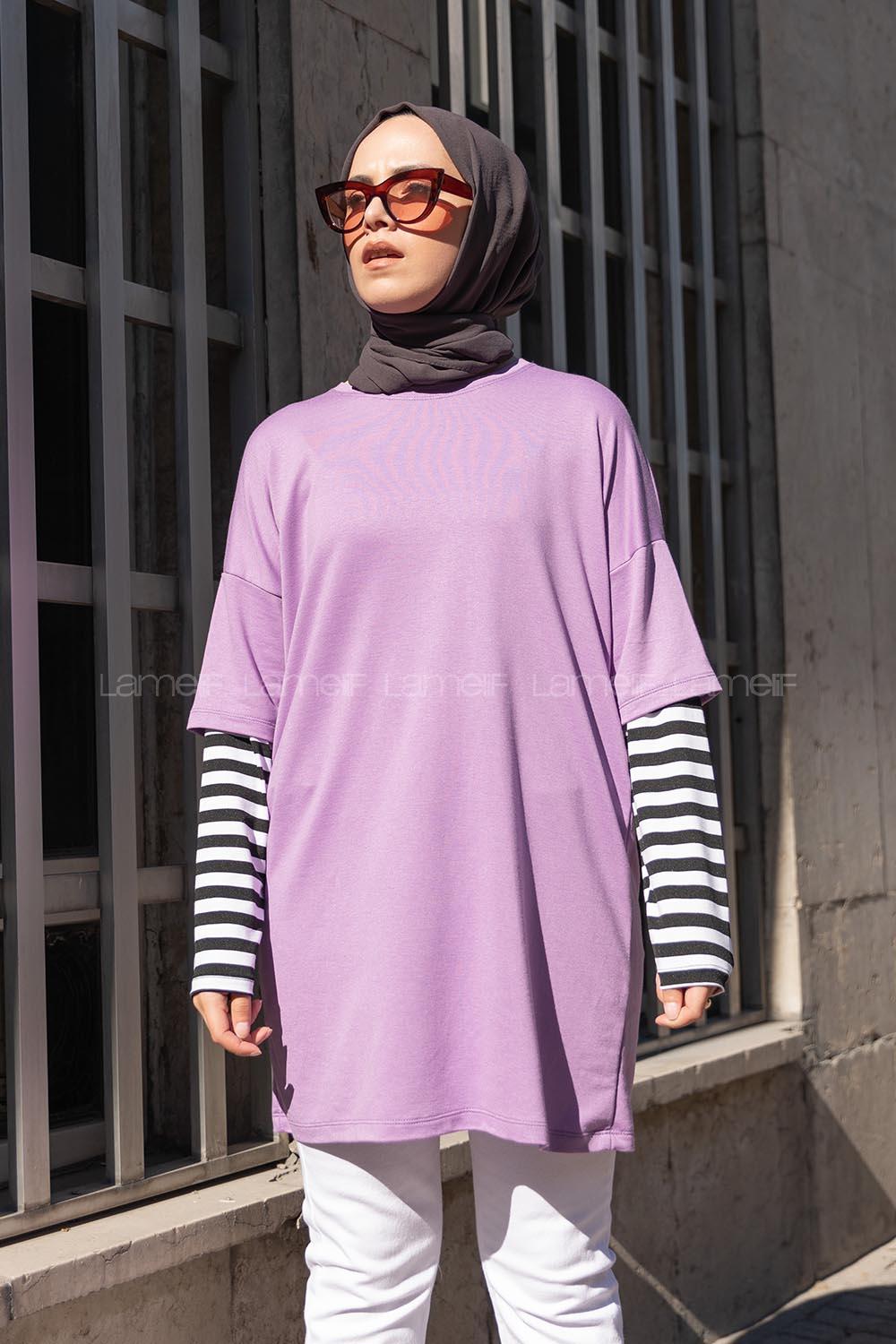Modalamelif Kol Çizgili Sweatshirt Lila