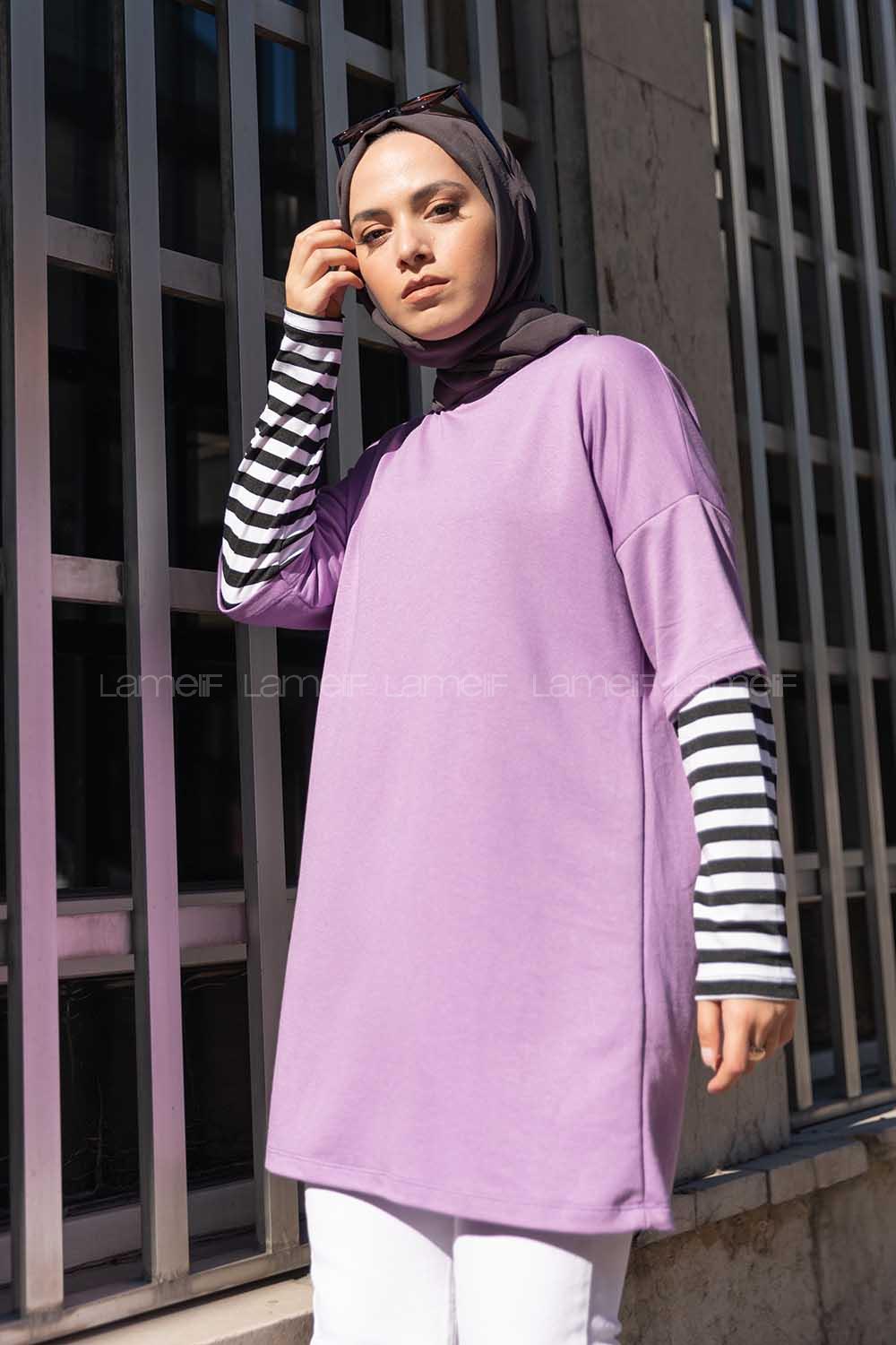 Modalamelif Kol Çizgili Sweatshirt Lila