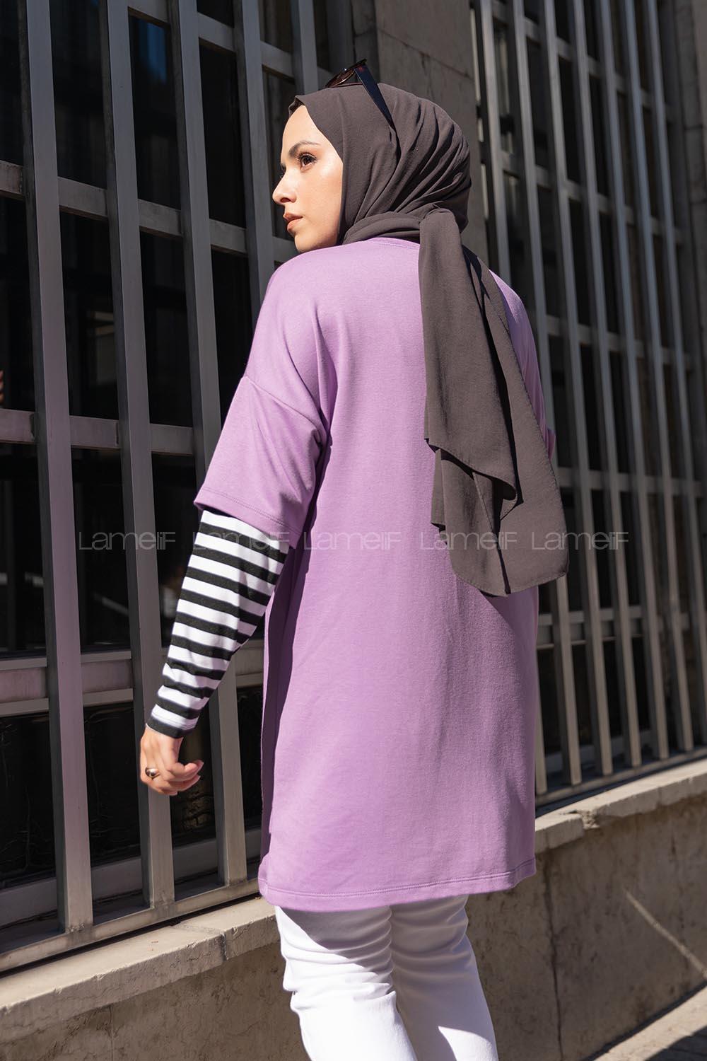 Modalamelif Kol Çizgili Sweatshirt Lila